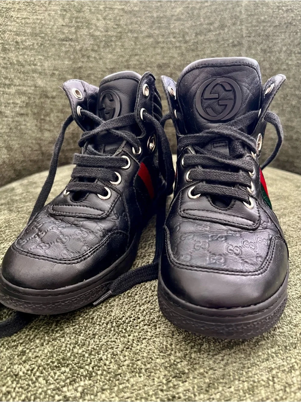 Gucci Boys Black High Top Sneakers GG Guccissima Web size 29 Stripe Lace Up